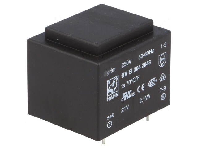 Transformator: ingegoten; 2,1VA; 230VAC; 21V; 100mA; PCB; BVEI Transformator: ingegoten; 2,1VA; 230VAC; 21V; 100mA; PCB; BVEI